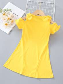 SHEIN Đầm bé gái Nơ Bướm Xù Lá thư Dễ thương - Màu vàng - Xem 2