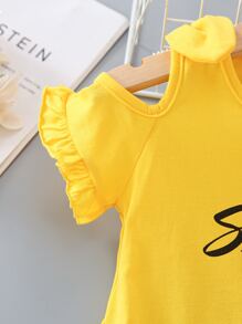 SHEIN Đầm bé gái Nơ Bướm Xù Lá thư Dễ thương - Màu vàng - Xem 3