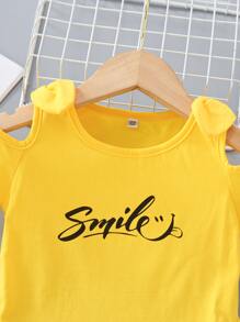 SHEIN Đầm bé gái Nơ Bướm Xù Lá thư Dễ thương - Màu vàng - Xem 4