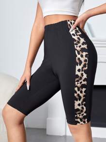 SHEIN LUNE Leopard Print Contrast Side Seam Cycling Shorts - Black - View 1
