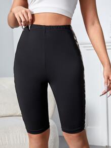 SHEIN LUNE Leopard Print Contrast Side Seam Cycling Shorts - Black - View 3