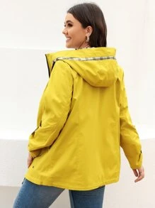 HaiLuoZi Plus Contrast Plaid Roll Tab Sleeve Drawstring Hooded Coat - Yellow - View 2