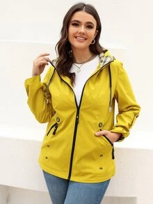 HaiLuoZi Plus Contrast Plaid Roll Tab Sleeve Drawstring Hooded Coat - Yellow - View 4