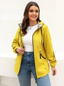 HaiLuoZi Plus Contrast Plaid Roll Tab Sleeve Drawstring Hooded Coat - Yellow - View 5