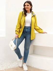 HaiLuoZi Plus Contrast Plaid Roll Tab Sleeve Drawstring Hooded Coat - Yellow - View 6