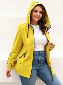 HaiLuoZi Plus Contrast Plaid Roll Tab Sleeve Drawstring Hooded Coat - Yellow - View 7