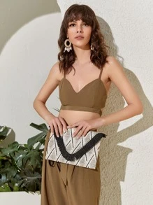 SHEIN VCAY Luxury Glamorous, Elegant, Exquisite, Quiet Luxury Fringe Decor Geometric Graphic Straw Clutch Bag Perfect for Party, Wedding, Prom, Dinner/Banquet, Dinner/Banquet, Best Gift For Women Mom Teacher Friend Bridesmaid - Beige - View 4