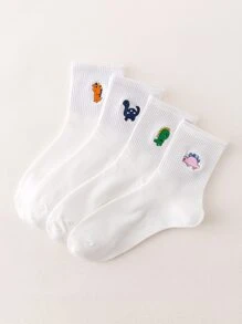 4pairs Embroidery Crew Socks - White - View 1