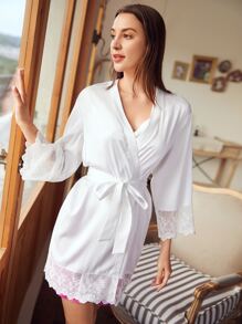 SHEIN Eyelet Embroidery Belted Robe - White - View 6