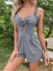 雙色格子鏤空前繫帶木耳邊吊帶連體短褲 - 黑與白 - 查看 6