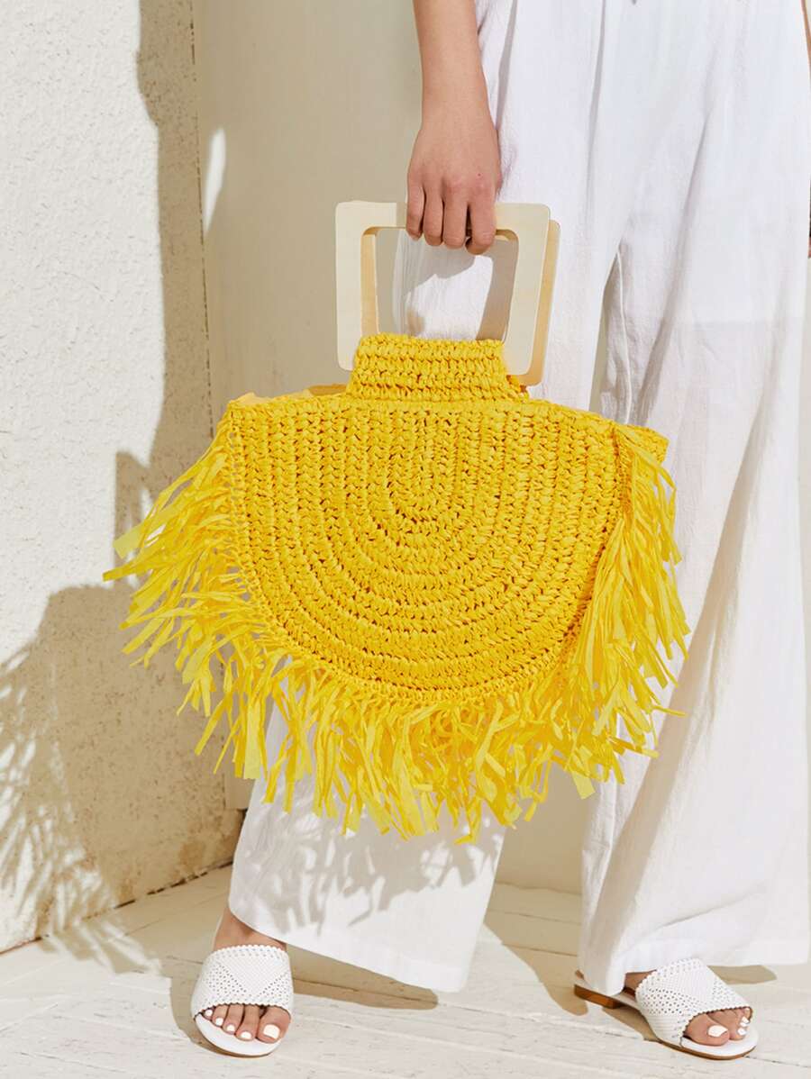 SHEIN Yellow Fringe Trim Straw Tote Bag,Woven Bag,Perfect For Summer Beach Travel Vacation,For Outdoor,Holiday - Yellow - View 1