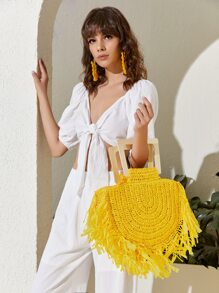 SHEIN Yellow Fringe Trim Straw Tote Bag,Woven Bag,Perfect For Summer Beach Travel Vacation,For Outdoor,Holiday - Yellow - View 2