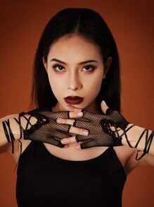 ROMWE Goth Guantes de malla con cordón - Negro - Ver 3