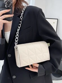 防水、輕盈、商務休閒絎縫圖案鏈條翻蓋方形包適合青少年女大學生、菜鳥和白領，非常適合辦公室、大學、工作、商務、通勤