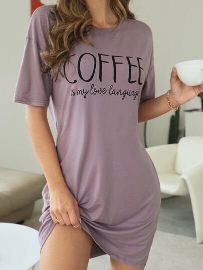 Slogan Graphic Drop Shoulder Pajama Nightdress