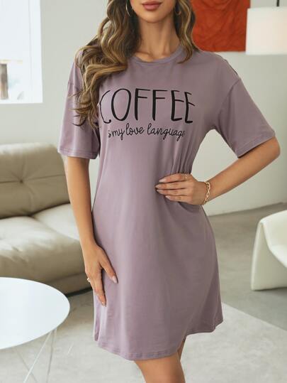 Slogan Graphic Drop Shoulder Pajama Nightdress view 4