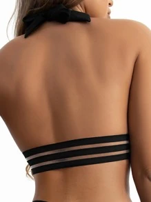 Plain Contrast Mesh Halter Bikini Top, For Summer Beach Vacation - Black - View 2