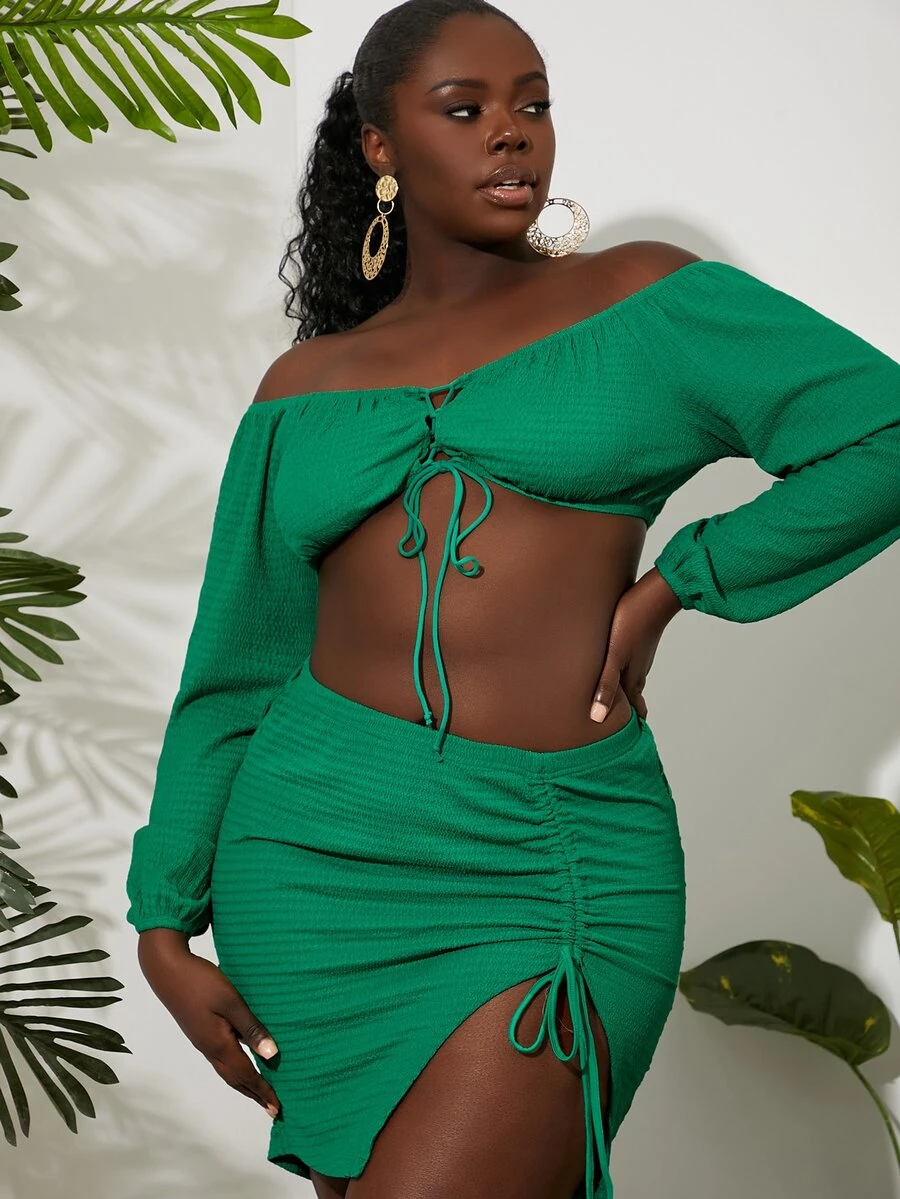 SHEIN SXY Plus Off Shoulder Lace Up Front Crop Top - Green - View 1