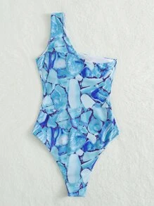 大理石圖案鏤空單肩連體泳衣 - 彩色 - 查看 2