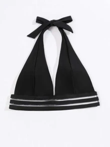 Plain Contrast Mesh Halter Bikini Top, For Summer Beach Vacation - Black - View 7