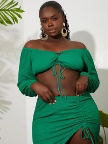 SHEIN SXY Plus Off Shoulder Lace Up Front Crop Top - Green - View 5