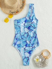 大理石圖案鏤空單肩連體泳衣 - 彩色 - 查看 4