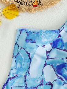 大理石圖案鏤空單肩連體泳衣 - 彩色 - 查看 5