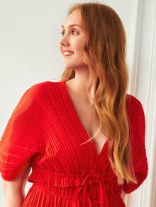 MOTF PREMIUM 大碼百褶深V領連衣裙 - 紅色 - 查看 5