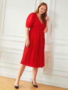 MOTF PREMIUM 大碼百褶深V領連衣裙 - 紅色 - 查看 10