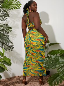 SHEIN SXY 大碼熱帶圖案後背繫帶串珠細節高衩掛脖連衣裙 - 彩色 - 查看 2