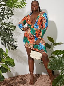 SHEIN SXY 大碼熱帶圖案深V領不對稱下擺連衣裙 - 彩色 - 查看 3
