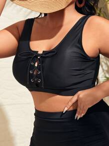 Swim Vcay Plus Plain Lace-up Bikini Top - Black - View 4