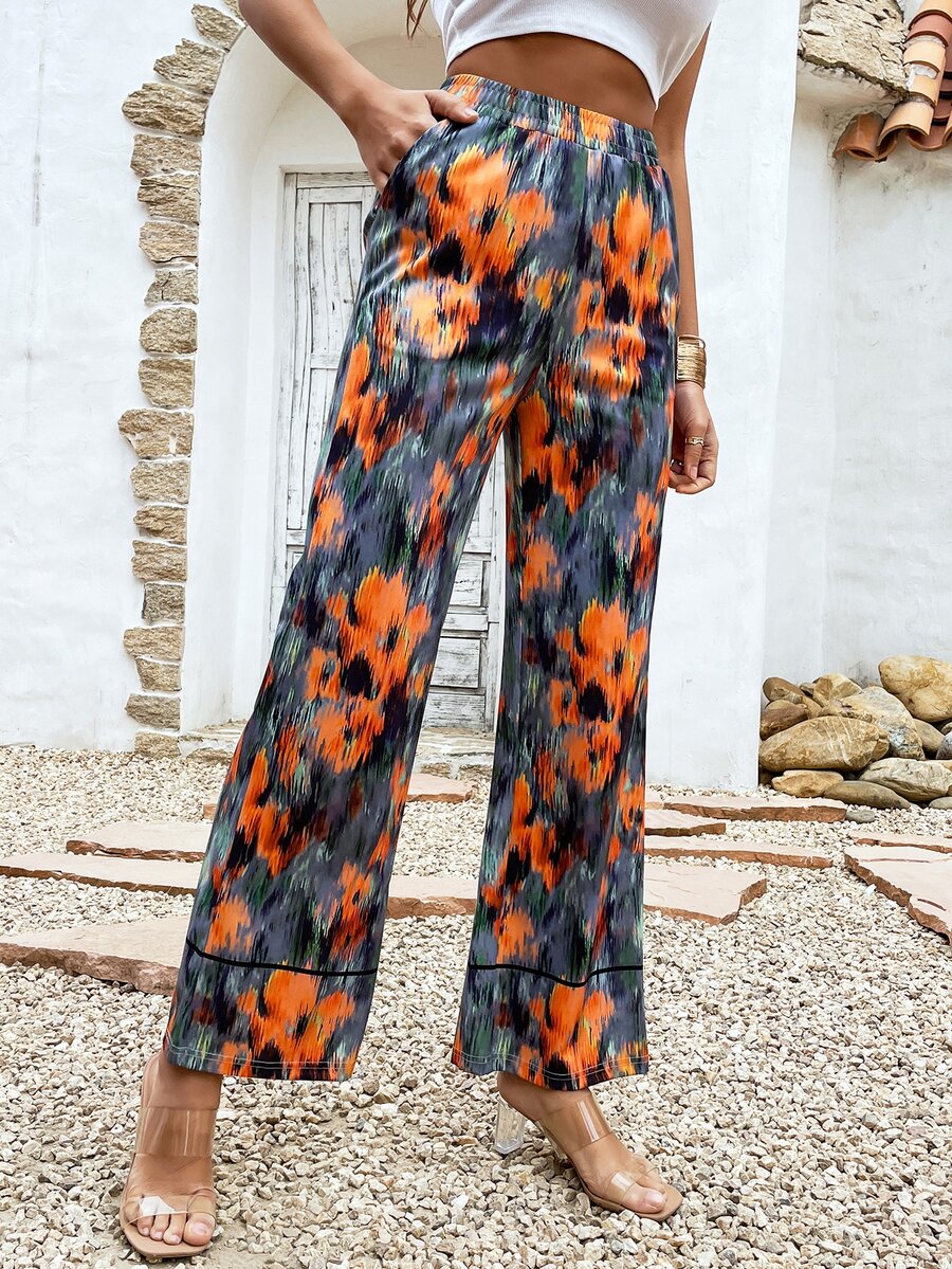 高腰滿版印花闊腿褲 - 彩色 - 查看 1