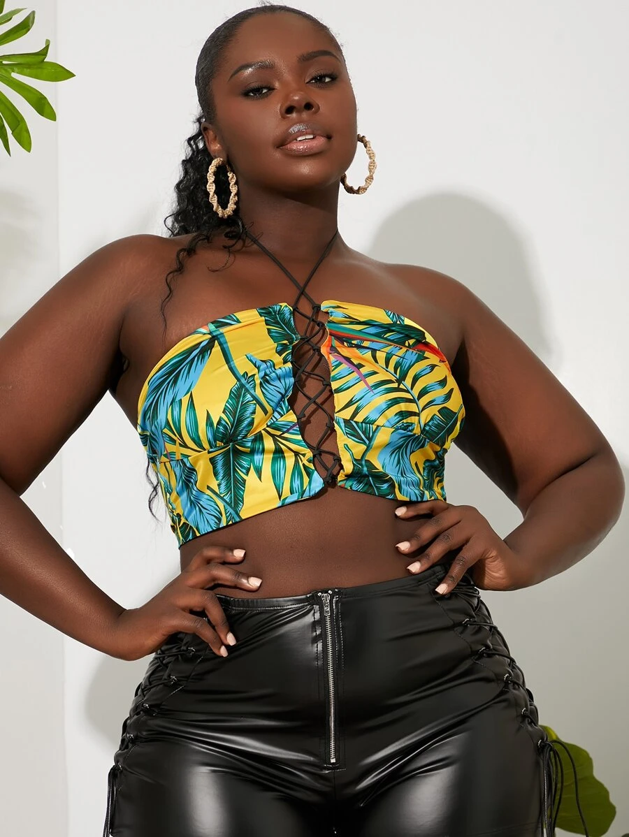 Slaydiva Áo hai dây Plus Size Lộ Lưng Ren lên Buộc lại Nhiệt đới Boho - Nhiều màu - Xem 1