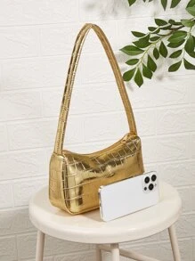 Mini Metallic Crocodile Embossed Bag, Animal Print Women Bag - Gold - View 4