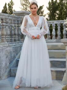 YISIKADO Embroidery Mesh Flounce Sleeve Backless Wedding Dress