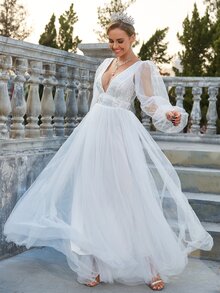 YISIKADO Embroidery Mesh Flounce Sleeve Backless Wedding Dress