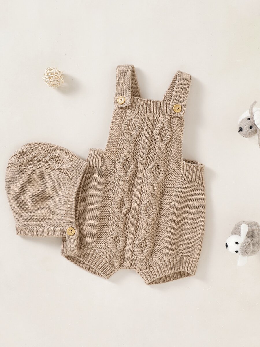 Baby Cable Knit Overall Knit Romper With Hat - Khaki - View 1