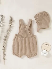 Baby Cable Knit Overall Knit Romper With Hat - Khaki - View 2