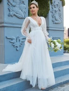 YISIKADO Embroidery Mesh Flounce Sleeve Backless Wedding Dress