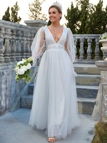YISIKADO Embroidery Mesh Flounce Sleeve Backless Wedding Dress