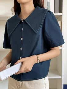 DAZY 水手領泡泡袖襯衫 - 藏蓝色 - 查看 4