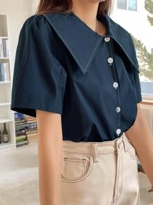 DAZY 水手領泡泡袖襯衫 - 藏蓝色 - 查看 7