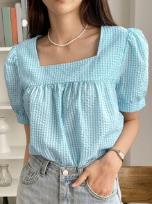 DAZY 格子圖案方領泡泡袖襯衫 - 藍色 - 查看 1