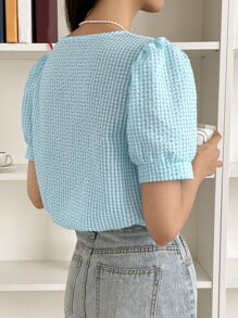 DAZY 格子圖案方領泡泡袖襯衫 - 藍色 - 查看 2