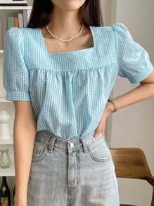DAZY 格子圖案方領泡泡袖襯衫 - 藍色 - 查看 3