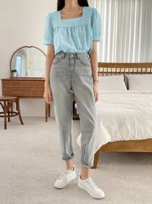 DAZY 格子圖案方領泡泡袖襯衫 - 藍色 - 查看 4