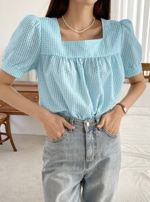 DAZY 格子圖案方領泡泡袖襯衫 - 藍色 - 查看 5