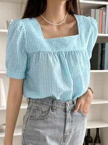 DAZY 格子圖案方領泡泡袖襯衫 - 藍色 - 查看 6