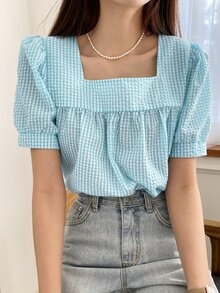 DAZY 格子圖案方領泡泡袖襯衫 - 藍色 - 查看 7